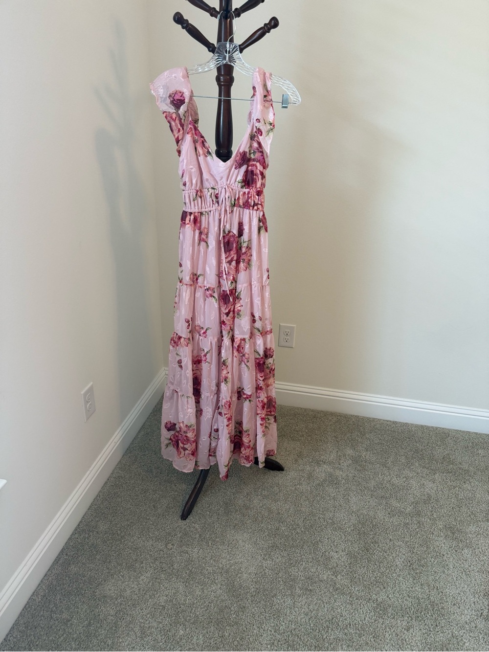 Pink Floral Tiered Maxi Dress with V-Neck